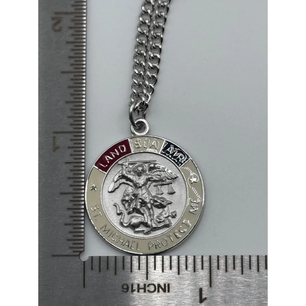Sterling Silver Enamel St Michael Protect Me Land Sea Air Saint Medal Pendant